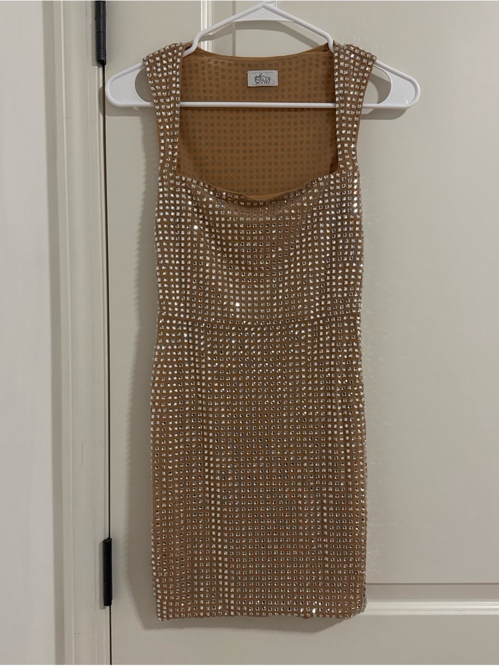 Oh Polly Tan Rhinestone-Embellished Mini Dress